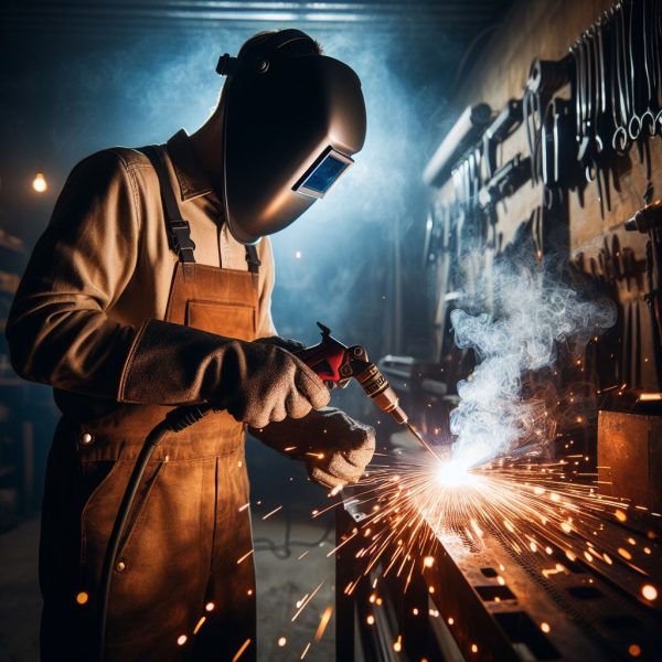 man welding with a face shield 
